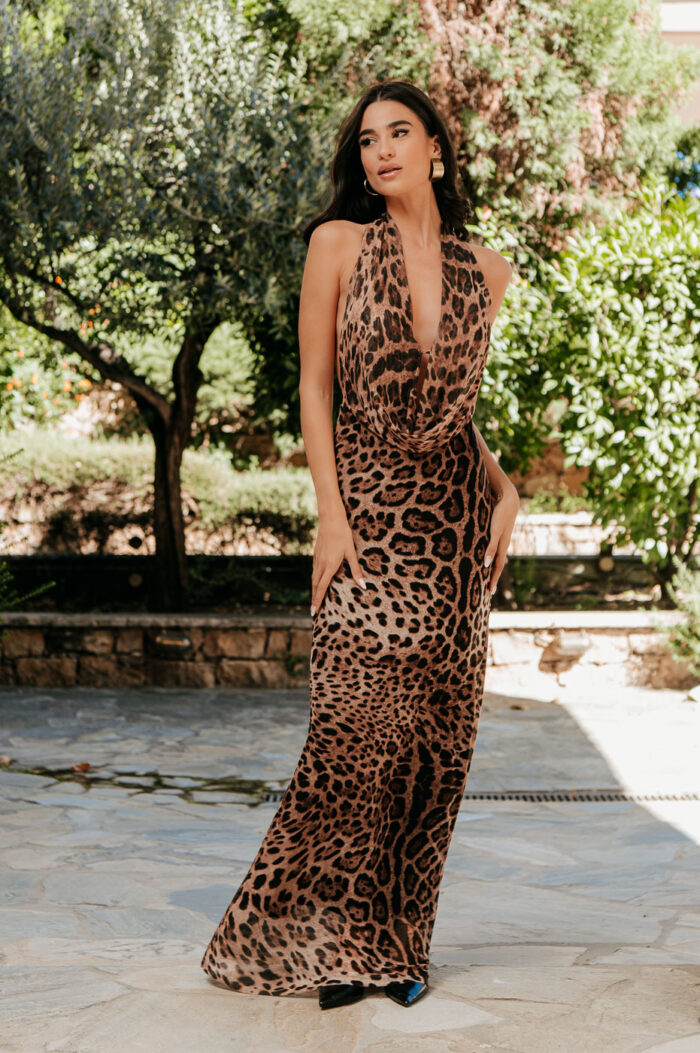 Φόρεμα maxi leopard με βαθύ ντεκολτέ και τούλι