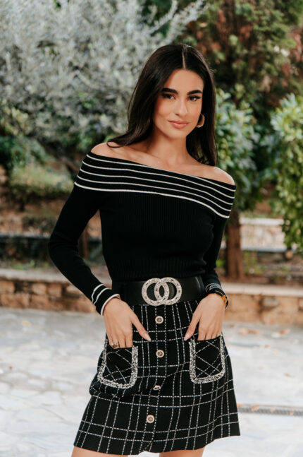 Μπλούζα πλεκτή off shoulder ριγέ μαύρη